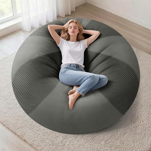 Homguava 4FT Bean Bag Chairs for Adults Teardrop BeanBag Chair Comfy Memory Foam Bean Bags Two-Tone Distressed Velvet&Corduroy Washable Cover for Living Room, Home (Corduroy, Light Grey) - Image 1