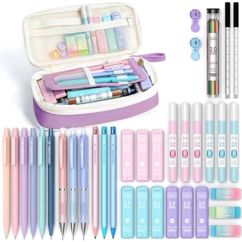 Four Candies 36PCS Aesthetic School Supplies, Mechanical Pencil Set 0.5mm, 0.7mm, 0.9mm & 2.0mm with 624 Lead Refills, Back to School Supplies for Writing & Drawing, Ideal Stationary Set Gift (Purple) - Image 1