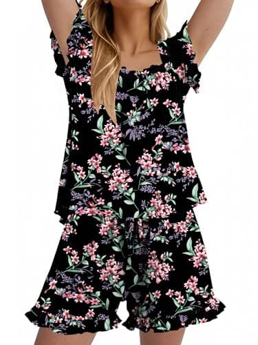 StunShow Comt Sets Women Women's Pajamas Set Matching Pj Set Womens Bamboo Pajamas Womens Pajama Short Sets Women's Pajama Set BlackFlower XXL - Image 1