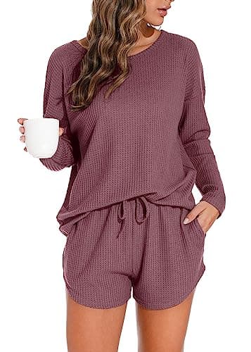 PrinStory Pajamas Set for Women Waffle Knit Lounge Set 2 Piece Outfits Loungewear Sweatsuit with Pockets Brick Red - Image 1