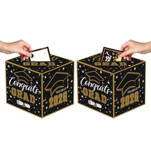 2026 Black Gold Graduation Card Box - 2 Congrats Grad Card Holders for Graduation Party Decor, Easy Assemble - Image 1