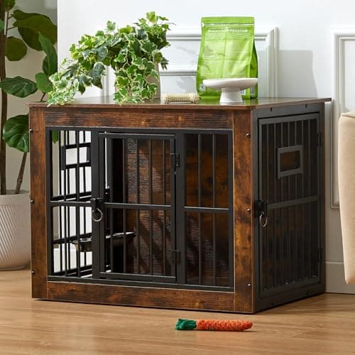 32 Inch Heavy Duty Dog Crate Furniture for Medium/Small Dogs, Decorative Pet House End Table with 3 Doors & Adjustable Bowls, Wooden Cage Kennel Furniture Indoor, Rustic Brown - Image 1