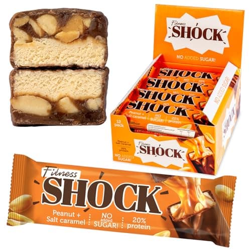 Fitness SHOCK Peanut Salted Caramel Protein Bars - No Added Sugar, Low Calorie Low Carb Snack - 10g Protein, 0g Added Sugar, 180 Kcal, 18g Net Carbs - 12 x 50g - Image 1