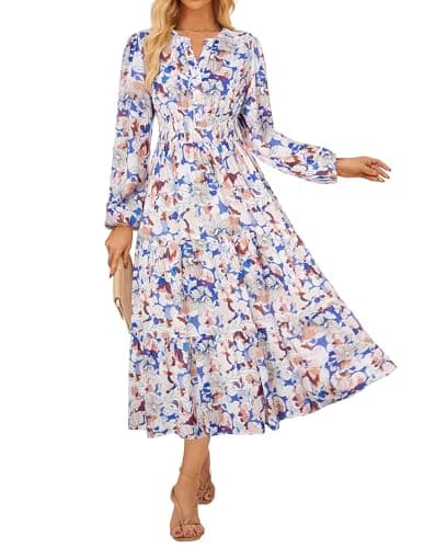 GRACE KARIN Long Sleeve Dress for Women 2026 Spring Wedding Guest Dress Floral Boho A Line Flowy Maxi Dresses with Pockets Skybule White Floral S - Image 1