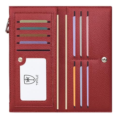 Tipmile Slim Wallet for Women, RFID Blocking Credit Card Holder, Ladies Bifold Wallet with Zipper, Wine Red - Image 1