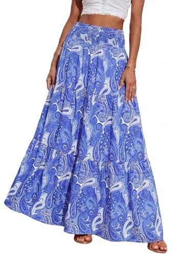 PRETTYGARDEN Floral Summer Long Skirts for Women Trendy Cruise Outfits High Waist Bohemian Beach Vacation Flowy Maxi Skirt (Blue Floral, X-Large) - Image 1