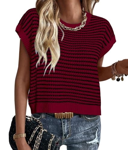 PRETTYGARDEN Womens Short Sleeve Sweater Spring Summer 2026 Round Neck Striped Pullover Cap Sleeve Knit Sweater Vest Tops(Wine Red,Small) - Image 1