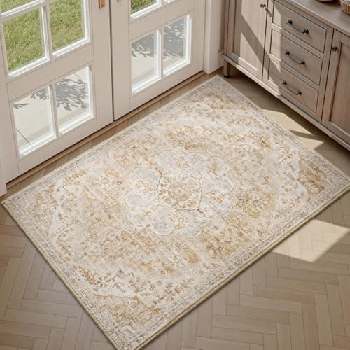 tchdio 2x3 Entryway Rug, Non Slip Front Door Mat Small Washable Rugs, Soft Low Pile Small Area Rug Vintage Doormat, Stain Resistant Rug for Entrance, Kitchen (Beige, 2'x3') - Image 1
