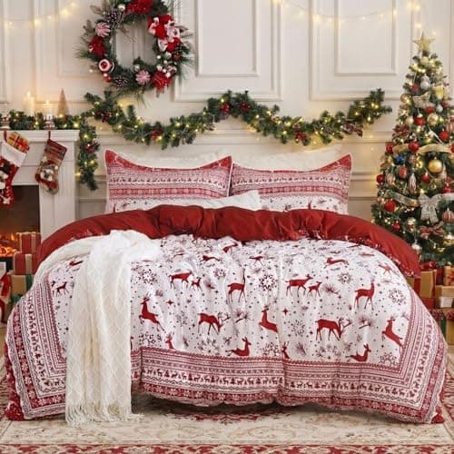 CAROMIO Christmas Duvet Cover King, Reversible Printed Comforter Cover Set Christmas Holiday Decorative Bedding, Soft Microfiber Red Duvet + 2 Pillow Shams (Boho Reindeer, King) - Image 1