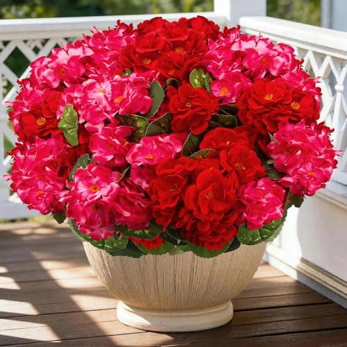 FULLMUSIC Artificial Flowers for Outdoor, UV Resistant Realistic Geranium Fake Flowers-Faux Flowers for Outdoor planters, Garden, Porch, Patio, Window Box Home Decor All Year Round (6, Rose red+red - Image 1