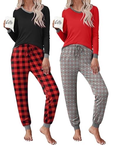 Frcdaunrs Women'S Pajamas Sets Long Sleeve Christmas Pjs Two Piece Lounge Set for Women Sleepwear With Red Plaid Pants - Image 1