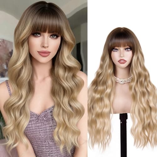 Potoki Ombre Blonde Wig With Bangs Natural Looking Long Curly Wavy Synthetic Wigs For Women Heat Resistant Synthetic Fiber Wigs for Daily Party Use 26 Inches(Ombre Dirty Blonde) - Image 1