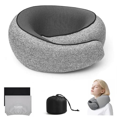 ThreeHome Travel Pillows for Airplanes, 100% Pure Memory Foam Neck Pillow with Skin-Friendly Silk Cover, Ergonomic Support, Washable Cover, Eye Mask, Earplugs, Ideal Neck Pillow for Flight Trips - Image 1