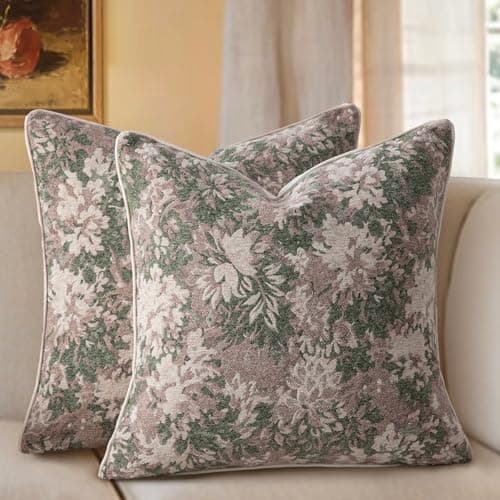 Haguko Pack of 2 Vintage Floral Throw Pillow Covers 18x18 Tapestry Chenille Soft Decorative Farmhouse Square Accent Pillow Cases for Couch Bedroom Living Room Home Decor, Light Green - Image 1