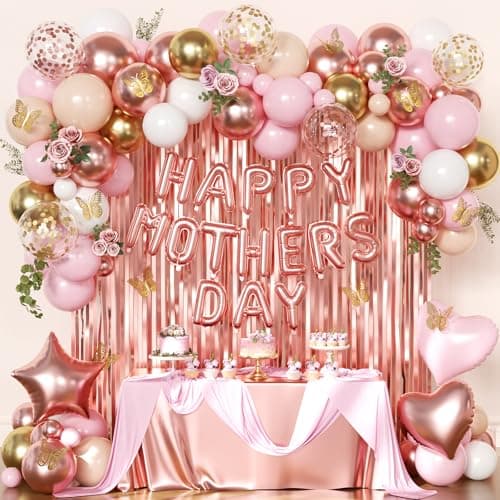 Happy Mother's Day Decorations, Rose Gold Pink Peach White Gold Foil Confetti Balloons Gold Butterfly Fringe Curtains for Mother's Day Party Decorations - Image 1