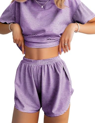 JUSTFASHIONNOW Side Split Shorts Pajama Set for Womens Two Piece Pajama Set Striped Print Crew Neck Short Sleeve Tee and Side Split Shorts Set Summer Cute Pj Sets Purple XL - Image 1