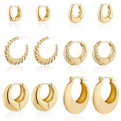 Wgoud 6 Pairs Gold Hoop Earrings Set for Women, 14K Gold Plated Hypoallergenic Lightweight Chunky Open Huggie Hoops Earrings Jewelry for Gift. (6 gold hoops) - Image 1
