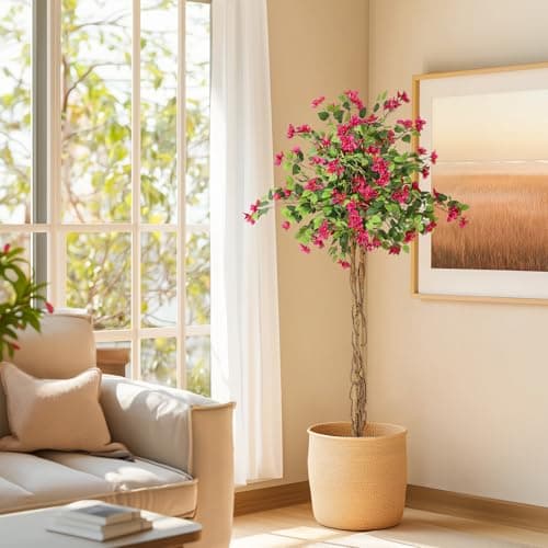 GarveeHome 5 ft Artificial Bougainvillea Tree, Tall Potted Artificial Plants Indoor, Faux Tree with Wood Trunk and Pink Flowers for Outdoor - Image 1