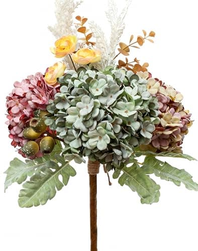 Lune cle Hydrangea Artificial Flowers Bouquet, Pre-Arranged Fake Flowers Bouquet with Ranunculus, Eucalyptus, Pampas, Real Touch Silk Flowers for Centerpiece Shelf Table Wedding Home Decor - Image 1