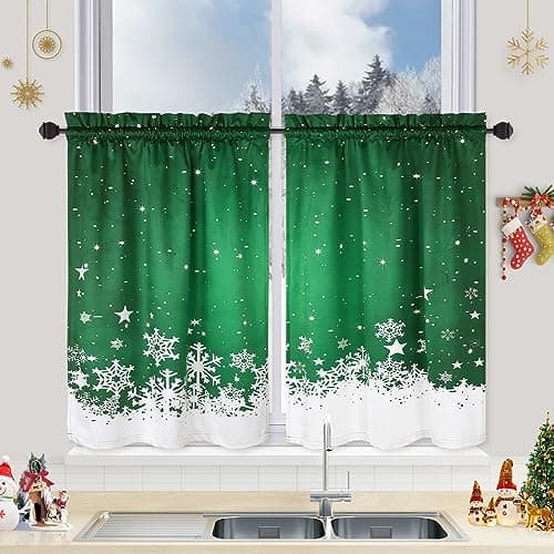 CAROMIO Christmas Kitchen Curtains, Green Velvet Cafe Curtains, Floral Snowflake Decoration, Thermal Insulated Room Darkening (26" W x 24" L, Set of 2) - Image 1