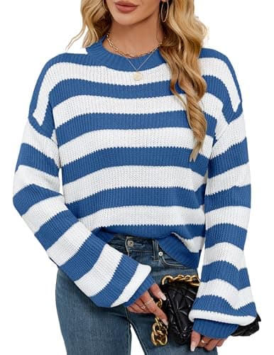 Libsorge Womens Oversized Cute Lightweight Striped Cropped Sweater Spring 2025 Trendy Ladies Dressy Casual Outfits Waffle Knit Thin Long Sleeve Color Block Pullover Crop Top Blue White Striped L - Image 1