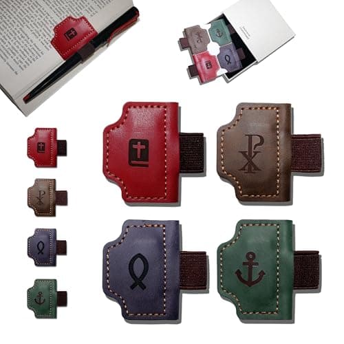 Buyborgood 4 Pcs Personalized Magnetic Leather Bookmark Pen Holder Book Lovers Christian Gifts Bygone Mark for Reading, Red-Bible + Coffee-Chi-Rho + Purple-Jesus Fish + Green-Anchor