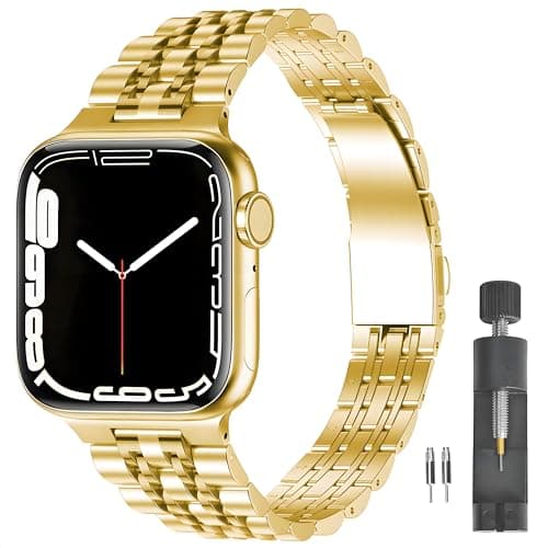 PUGO TOP Slim Stainless Steel Band Compatible with Apple Watch 49mm 46mm 45mm 44mm 42mm 41mm 40mm 38mm, Business Strap for iWatch Series 11 10 9 8 7 6 5 4 3 2 1, SE3 2 1, Ultra3 2 1, Two-Tone Metal Bands, Butterfly Clasp, Adjustable Links with Removal Tool - Image 1