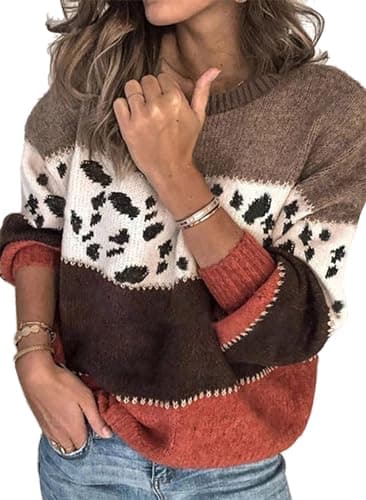 Angashion Women's Sweaters Casual Long Sleeve Crewneck Color Block Patchwork Pullover Knit Sweater Tops 2143 Khaki M - Image 1