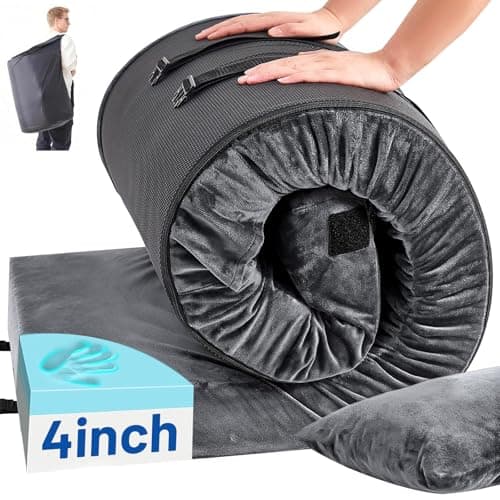 Easthome Memory Foam Camping Mattress Pad with Pillow - Extra Thick 4 Inch Sleeping Pad for Camping, Waterproof Roll Up Cot Mattress Topper Bed Mat for Car Truck Tent RV, with Travel Bag, Dark Gray - Image 1
