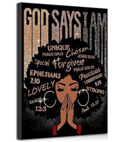 God Says I Am Canvas Wall Art Christian Black Woman Bible 3D Texture Painting Wall Decor Poster Prints Artwork for Bedroom Girl Room Office Apartment Home Decoration