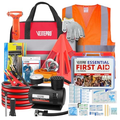 VLITEPRO Car Emergency Kit,Roadside Emergency Car Kit for Vehicles,with Portable Air Compressor,Jumper Cables, First Aid Kit, Roadside Assistance Emergency Safety Kit for Women,Men,Teen (Black+red) - Image 1