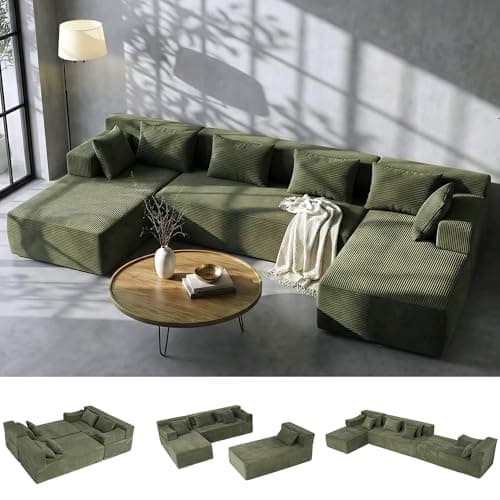 MONVANE 141'' Modular Sectional Sofa, PRO Version U-Shape Boneless Couch, Oversized Deep Seating Cloud Couch, No Assembly, High-Resilience Foam, Soft Corduroy Fabric, for Living Room Apartments Green - Image 1