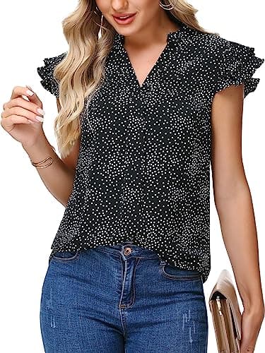Sucolan Summer Tops for Women Sexy V Neck Shirts Cute Ruffle Sleeve Business Blouses Dressy Casual Polka Dots Black S - Image 1
