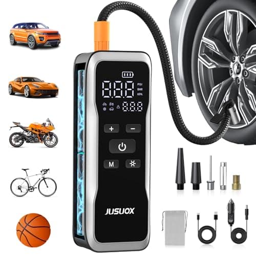 JUSUOX Tire Inflator Portable Air Compressor, Dual Power (Cordless & 12V DC) Air Pump for Car Tires, 150PSI Fast Air Pump for Moto, Bike, Large Capacity Battery, Digital Gauge with Emergency LED Light - Image 1