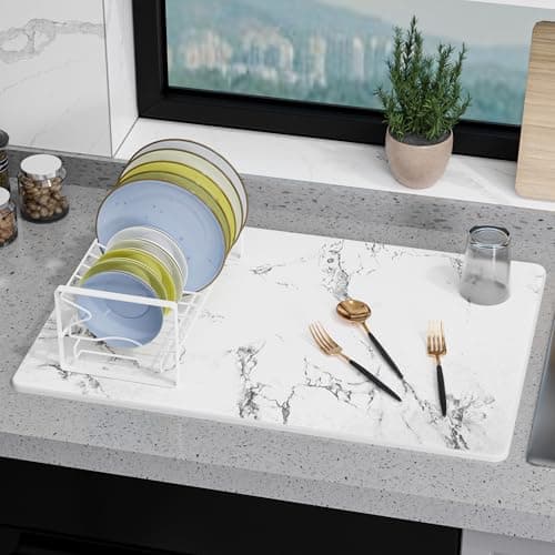 Vorisebo Large Stone Drying Mat for Kitchen Counter, 24" × 16" Diatomite Dish Drying Mat, Quick Dry Stone Mats, Ultra Absorbent Natural Diatomaceous Earth Mats for Dished, Bottles, White Marble - Image 1