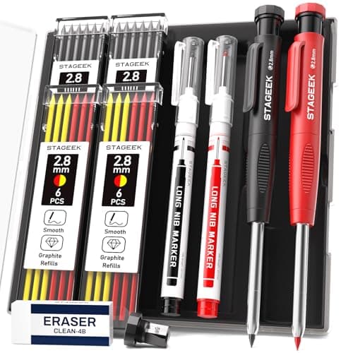 Carpenter Pencils with Sharpener, 2.8mm Mechanical Pencil Set with 26 Refills, Waterproof Deep Hole Long Nib Marker for Architect Marking, Heavy Duty Woodworking Tools for Construction Electricians - Image 1