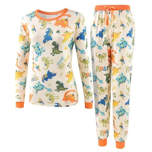LovinPet Pajamas Set Long Sleeve Sleepwear for Women and Men, Soft Pull-On PJ Loungewear with Pockets, Matching Dog and Owner Pajamas, Dinosaur Print, Orange, 3XL - Image 1