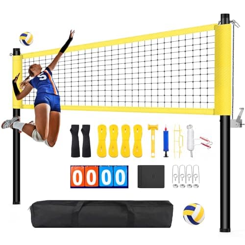 Professional Outdoor Volleyball Net Set with Arm Sleeves & Beach Fixed Plate, Heavy Duty 32-Ply Reinforced Net with Steel Anti-Sag Winch, Height-Adjustable Poles, Carry Bag for Backyard Beach Grass - Image 1