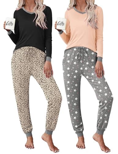 Frcdaunrs Pajamas for Women Set 2 Piece Cozy Lounge Wear Cheetah Print Pants With Long Sleeve Sleepwear Top Soft Loungewear - Image 1