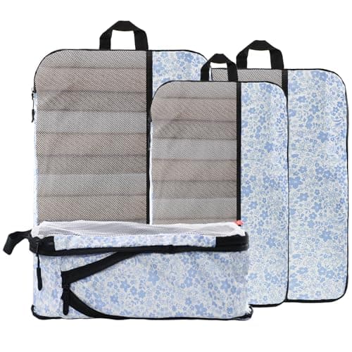 U+U 4 Set Compression Packing Cubes - Ultralight Travel Organizers, Space-Saving Suitcase Organizer, Expandable Packing Cubes for Travel, Business Trip and Family Vacation (Blue Flower) - Image 1