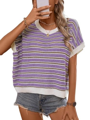 RICHSTORY Womens Short Sleeve Sweaters Spring Summer 2026 Casual Cap Sleeve Striped Pullover Tops Loose Round Neck Lightweight Hollow Out Knit Sweater Vest Purple Small - Image 1