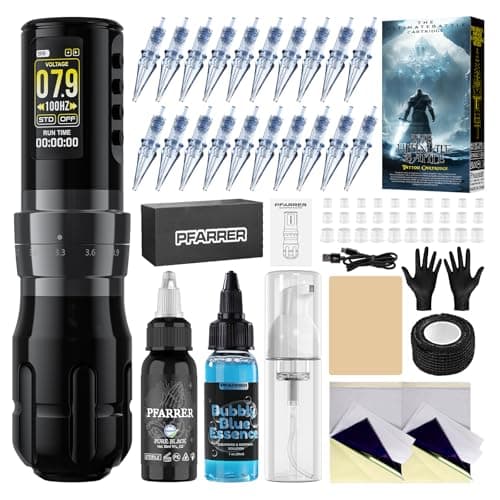 PFARRER Tattoo Gun Kit - Professional Wireless Tattoo Machine Pen with 20Pcs Cartridges Needles, Bubbln Blue Essence and 30ml Pure Black Ink, Tattoo Kit for Beginners & Tattoo Artists PR-TKE652B-5 - Image 1
