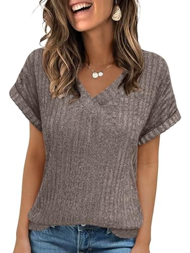 ANRABESS Women Tops Summer Sweaters Short Sleeve V Neck Shirts 2026 Spring Fashion Dressy Casual Business Tunic Blouses Cool Ash Brown XX-Large - Image 1