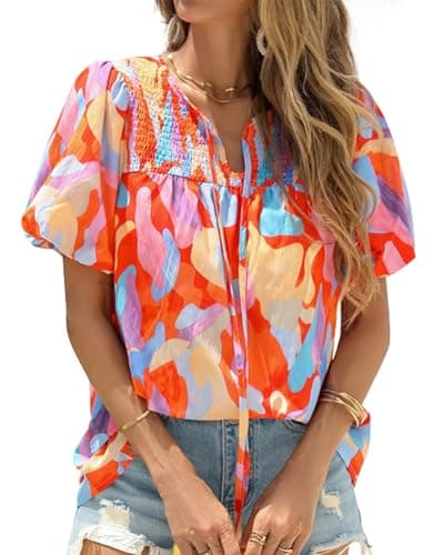 KIRUNDO Boho Tops for Women Summer 2026 Dressy Floral Blouse V Neck Drawstring Short Sleeve Shirts Beach Vacation Clothes(Pink Multicolored, X-Large) - Image 1