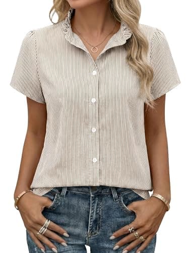 Funlingo Womens Button Down Striped Shirts Short Sleeve Dressy Blouses Ruffle Collar Business Casual Work Tops Summer Office Clothes Brown White L - Image 1