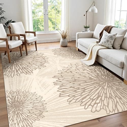WITSHOCK 5x7 Area Rugs for Living Room: Beige Floral Washable Rugs for Bedroom Dining Room Office Nursery Modern Non-Slip Stain Resistant Low Pile Home Decor(Beige/Brown,5'x7') - Image 1