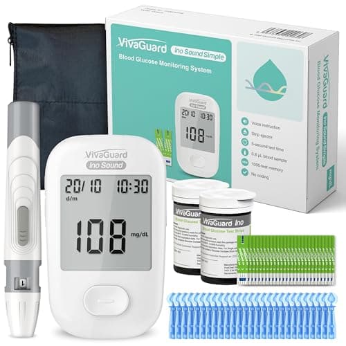 VivaGuard Talking Blood Glucose Monitor Kit,1 Glucose Meter 1 Lancing Device 100 Glucometer Strips & 100 Lancets,Blood Sugar Diabetes Testing Kit for Home use with Carrying Case Batteries,No Coding - Image 1