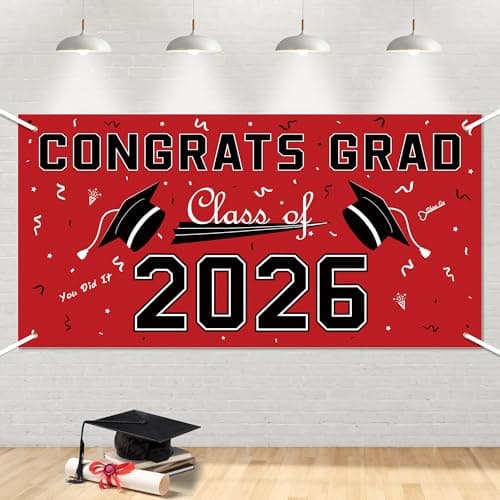 Graduation Decorations 2025 - Red Polyester Graduation Backdrop - Graduation Party Decorations - Congrats Grad Banner - Graduation Decorations Class of 2025,Graduation Party Favors Supplies Yard Sign - Image 1