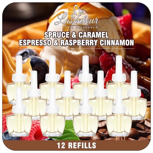 Plug In Air Freshener Refills for Home, 12 Count, 7.92 Fl Oz, Spruce, Caramel, Espresso & Raspberry Cinnamon Scents for Bathrooms & Kitchen, Compatible with Air Wick & Glade, Not Include Glade Plus - Image 1
