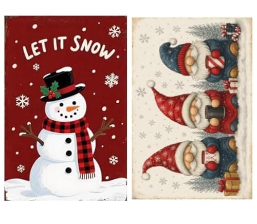 Carastora 2-pack Vintage Christmas Metal Tin Signs, 8×12 inches, featuring snowmen and gnomes, suitable for bedroom, kitchen, garden, home decor, or as a holiday gift. - Image 1